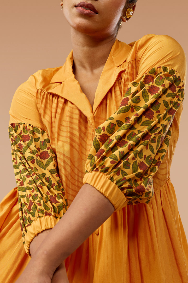 Saffron Three-Tier Shirt &amp; Flared Pants Silk Co-ord Set