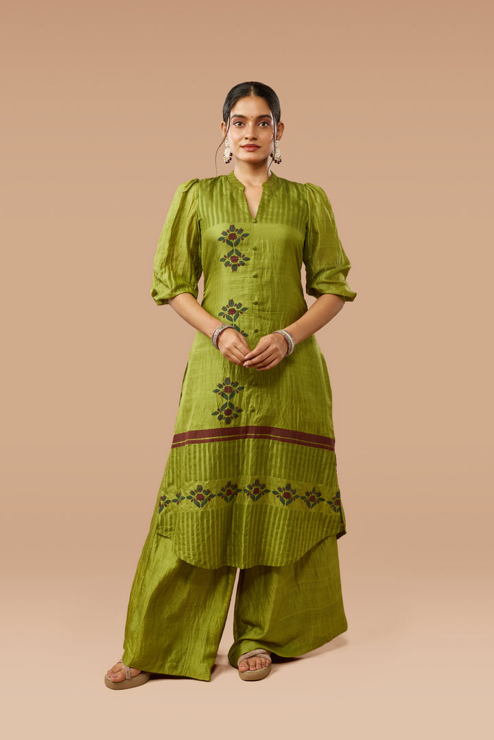 Olive Green Placement Print Sik  Kurta &amp; Palazzo Set