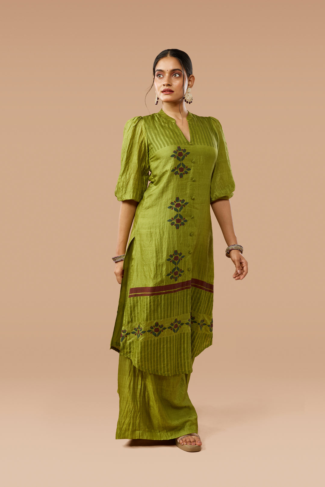 Olive Green Placement Print Sik  Kurta &amp; Palazzo Set
