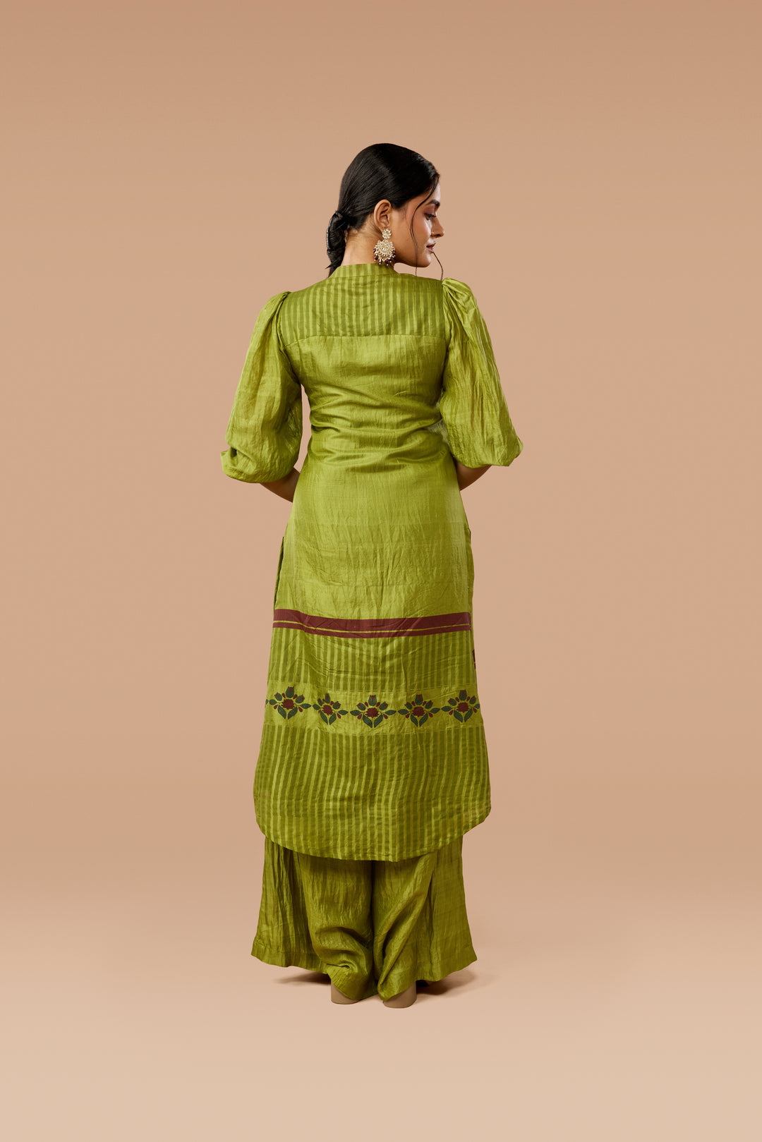 Olive Green Placement Print Sik  Kurta &amp; Palazzo Set