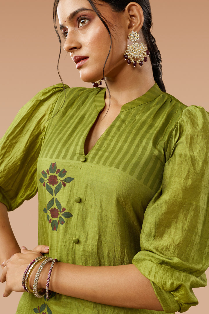 Olive Green Placement Print Sik  Kurta &amp; Palazzo Set