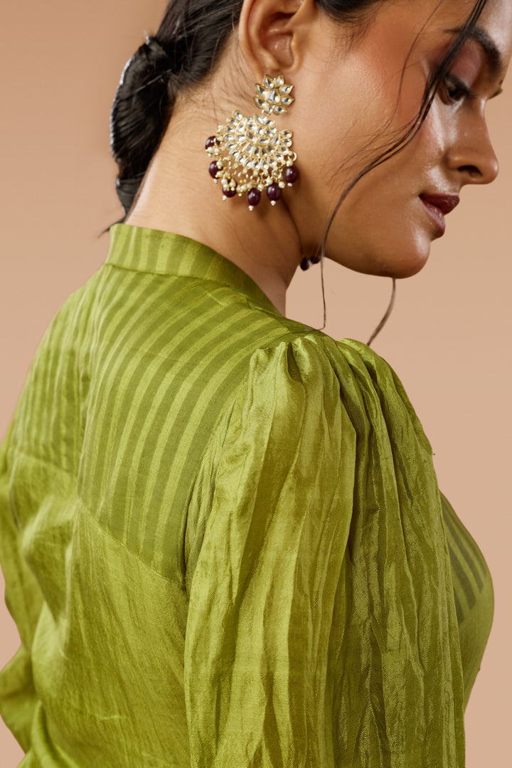 Olive Green Placement Print Sik  Kurta &amp; Palazzo Set