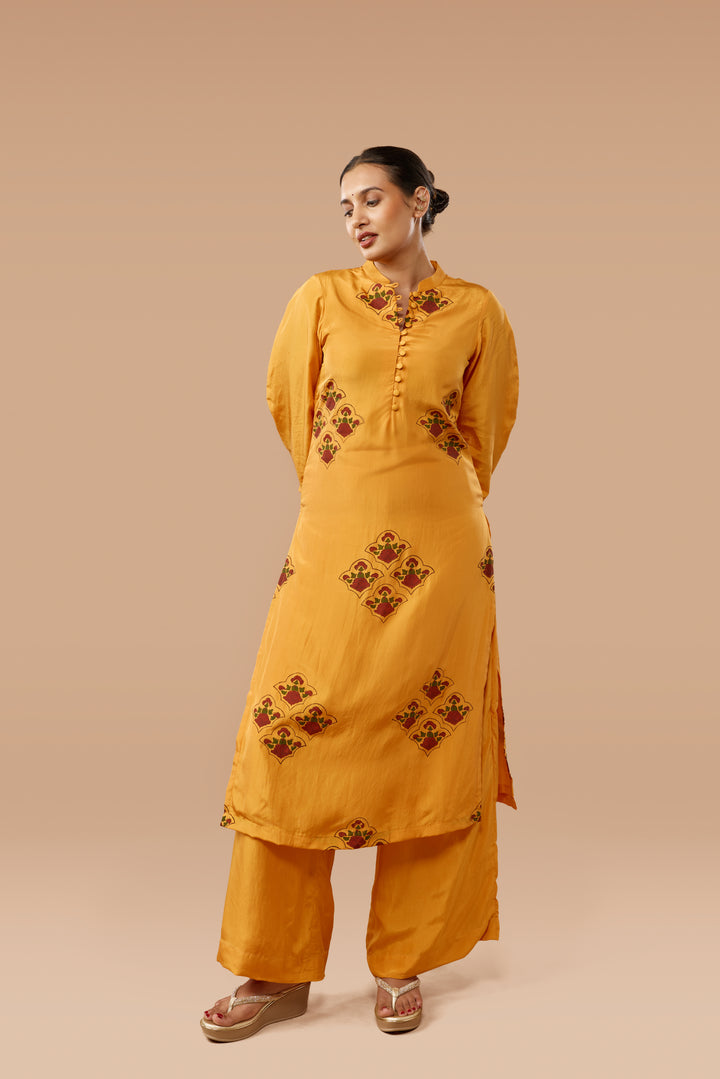 Saffron Hand block Print Silk Kurta &amp; Pant Set