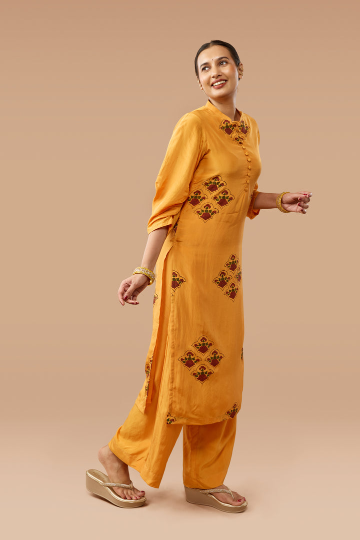 Saffron Hand block Print Silk Kurta &amp; Pant Set