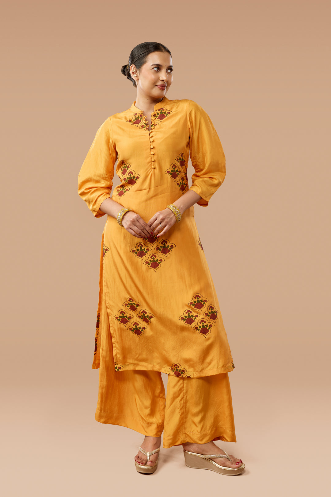 Saffron Hand block Print Silk Kurta &amp; Pant Set