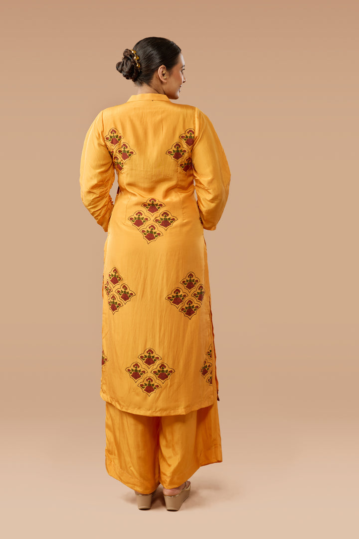 Saffron Hand block Print Silk Kurta &amp; Pant Set