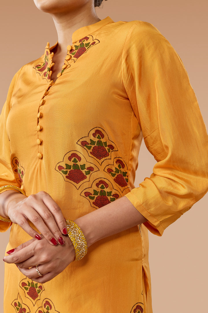 Saffron Hand block Print Silk Kurta &amp; Pant Set
