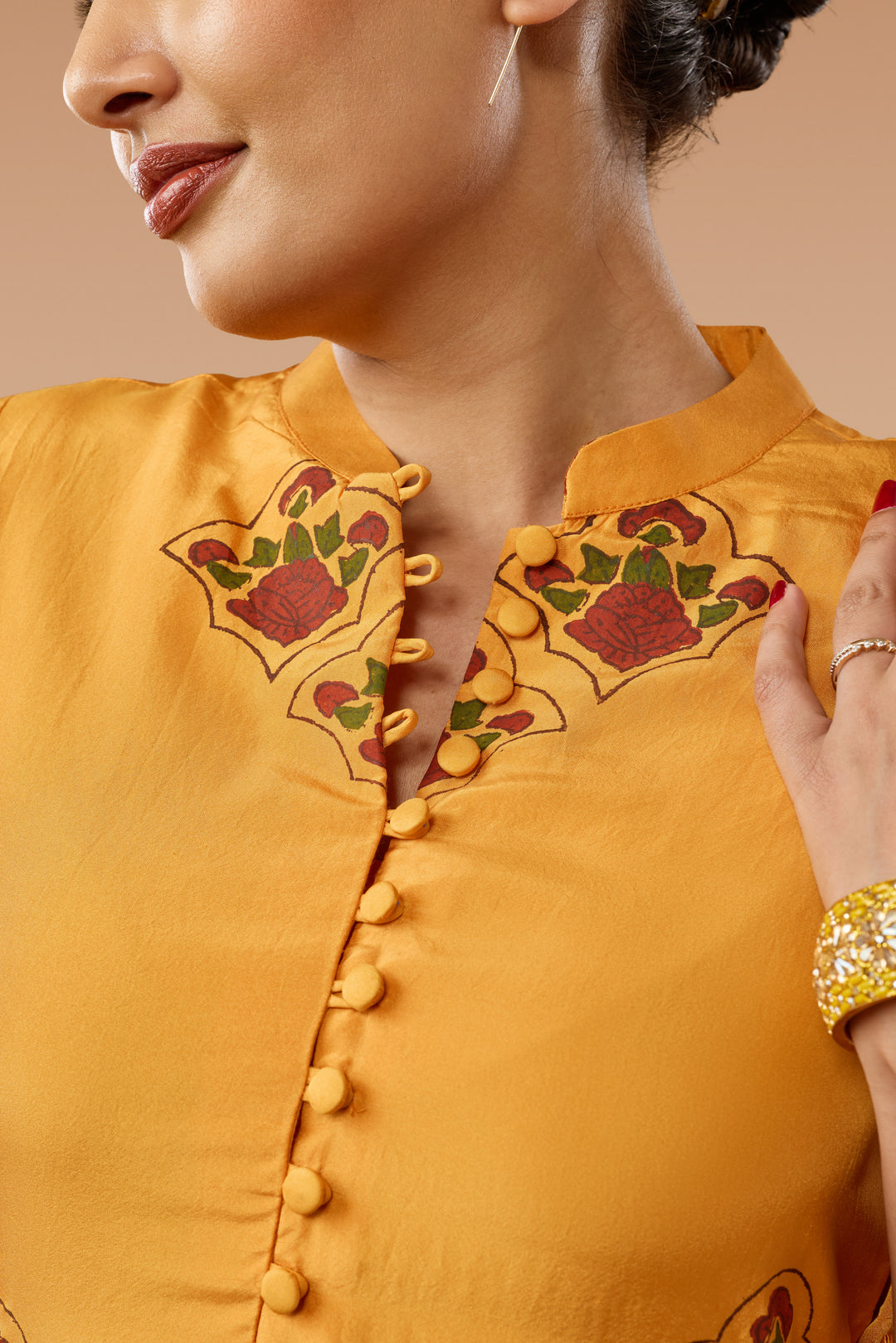 Saffron Hand block Print Silk Kurta &amp; Pant Set