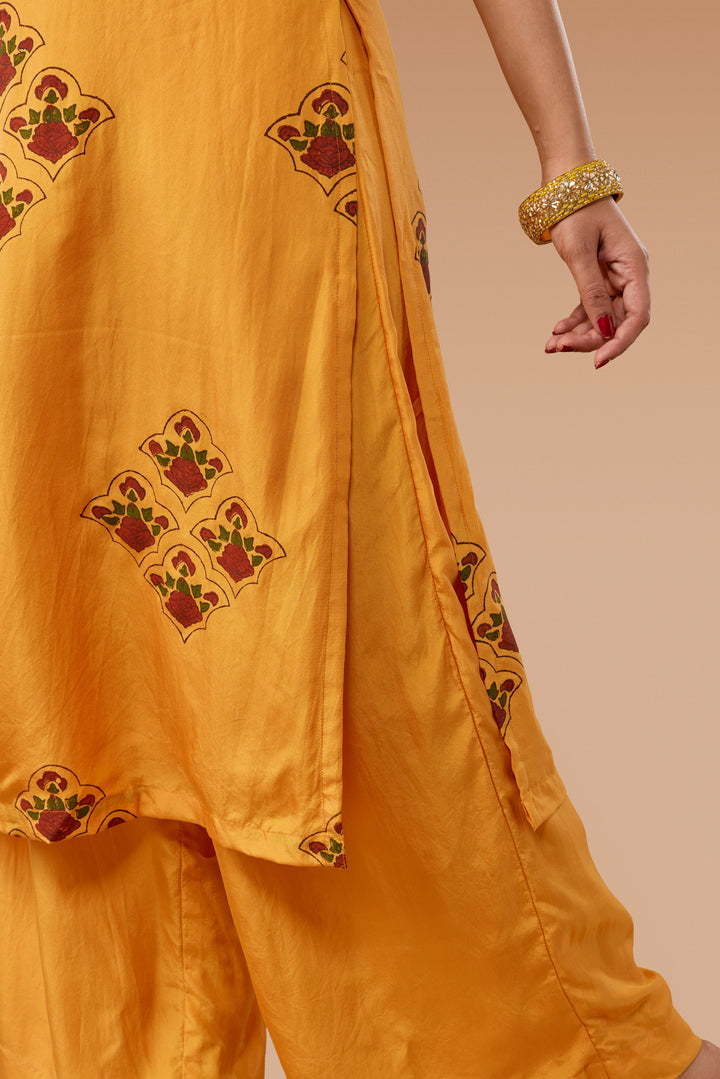 Saffron Hand block Print Silk Kurta &amp; Pant Set