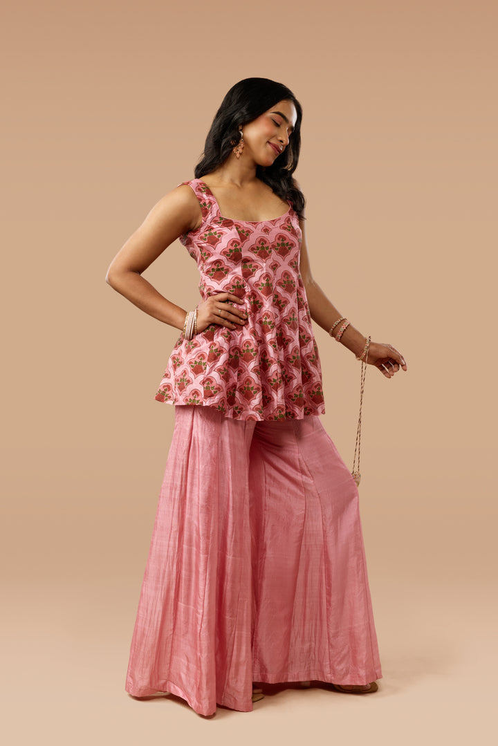 Pink Hand block Print Silk Godet Top &amp; Godet-panelled Pants Co-ord Set
