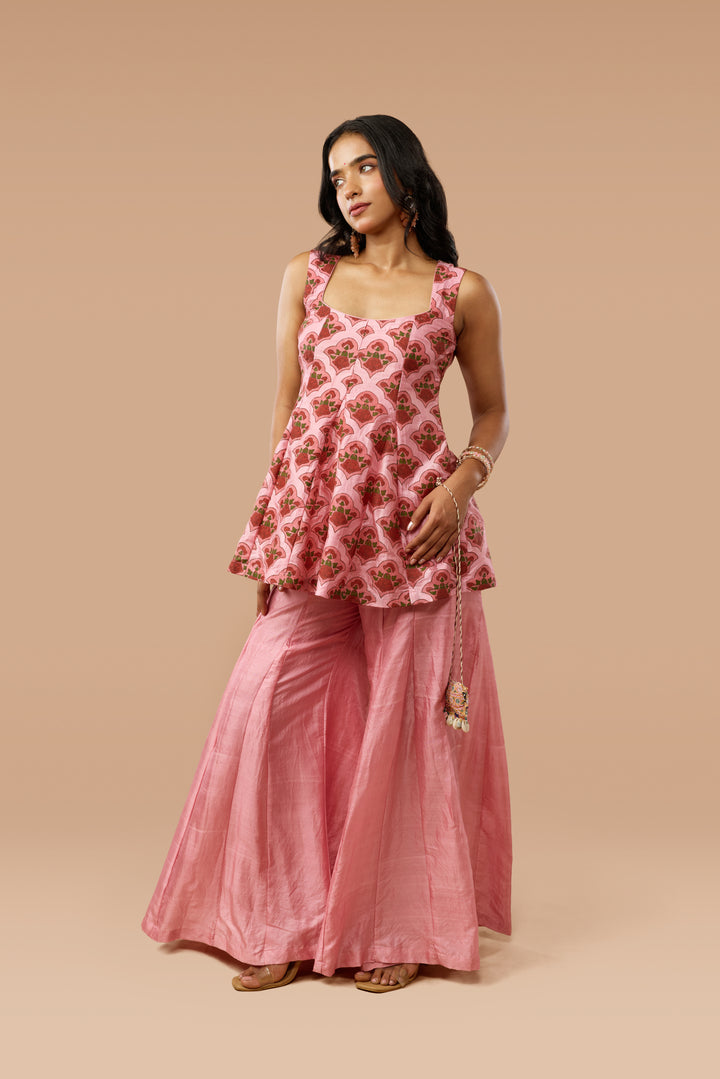 Pink Hand block Print Silk Godet Top &amp; Godet-panelled Pants Co-ord Set