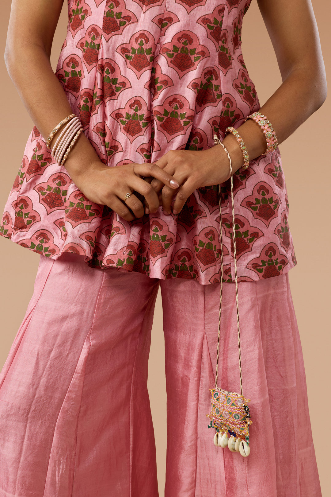 Pink Hand block Print Silk Godet Top &amp; Godet-panelled Pants Co-ord Set