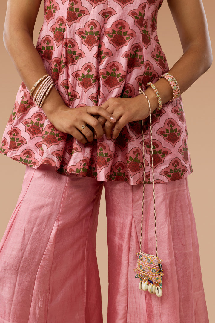 Pink Hand block Print Silk Godet Top &amp; Godet-panelled Pants Co-ord Set
