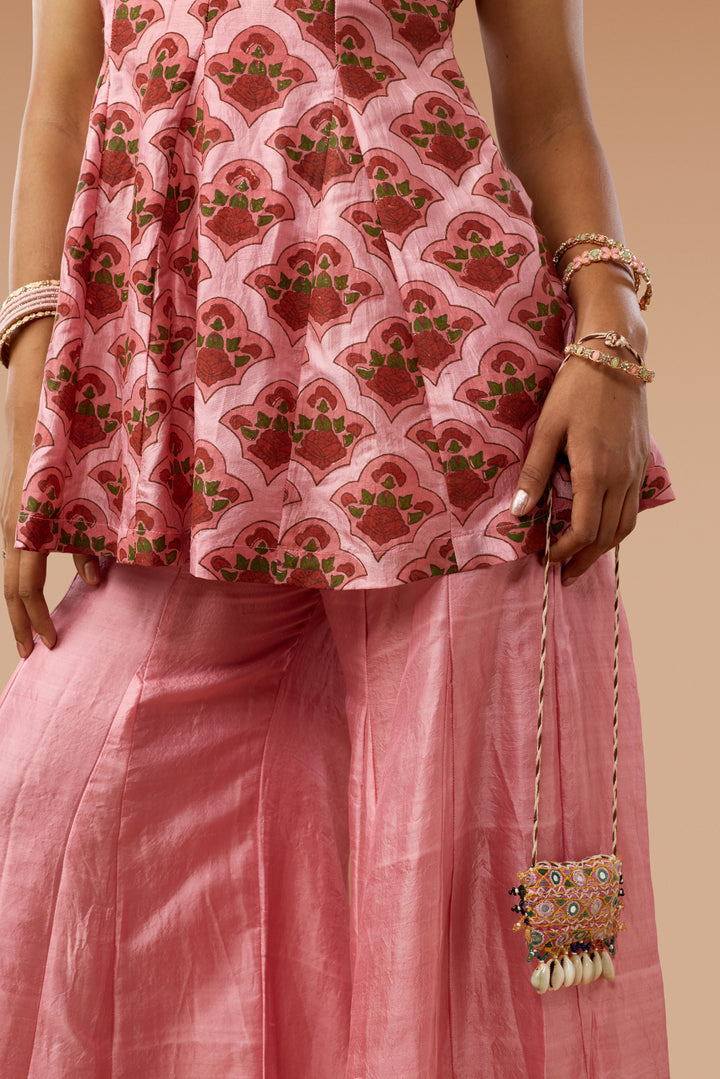 Pink Hand block Print Silk Godet Top &amp; Godet-panelled Pants Co-ord Set