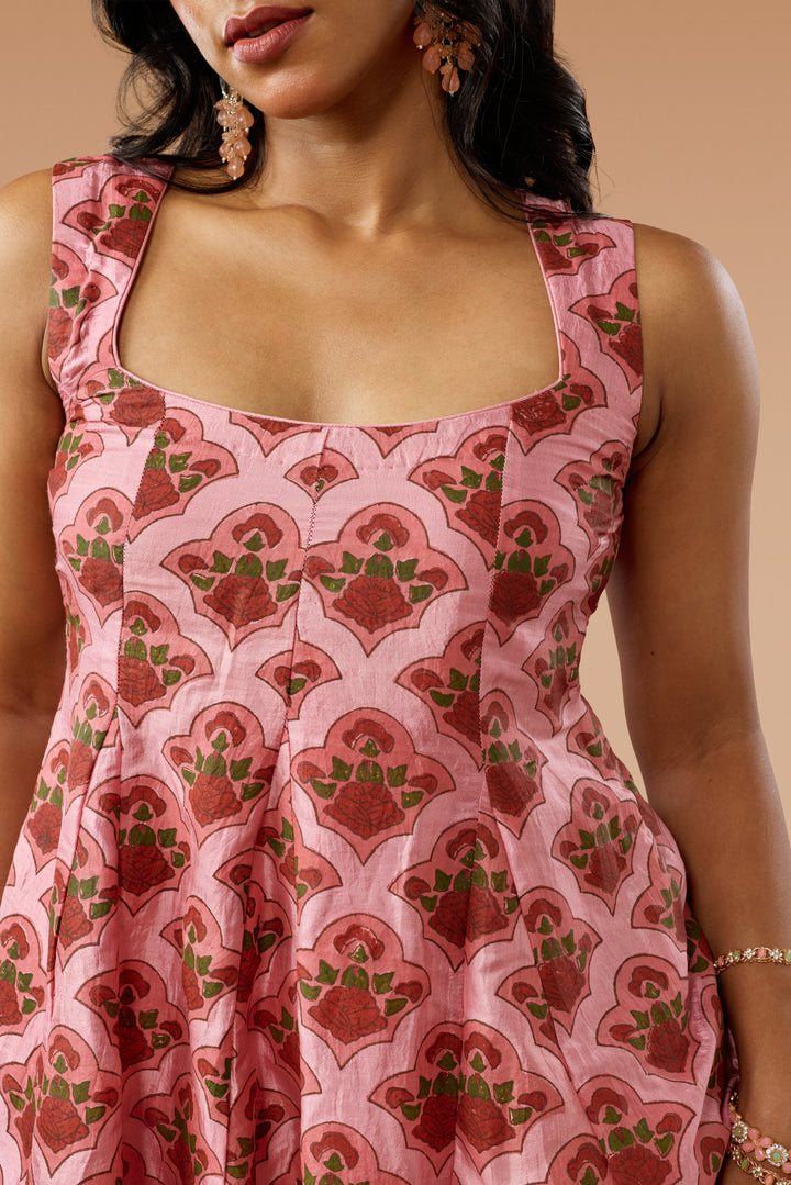 Pink Hand block Print Silk Godet Top &amp; Godet-panelled Pants Co-ord Set