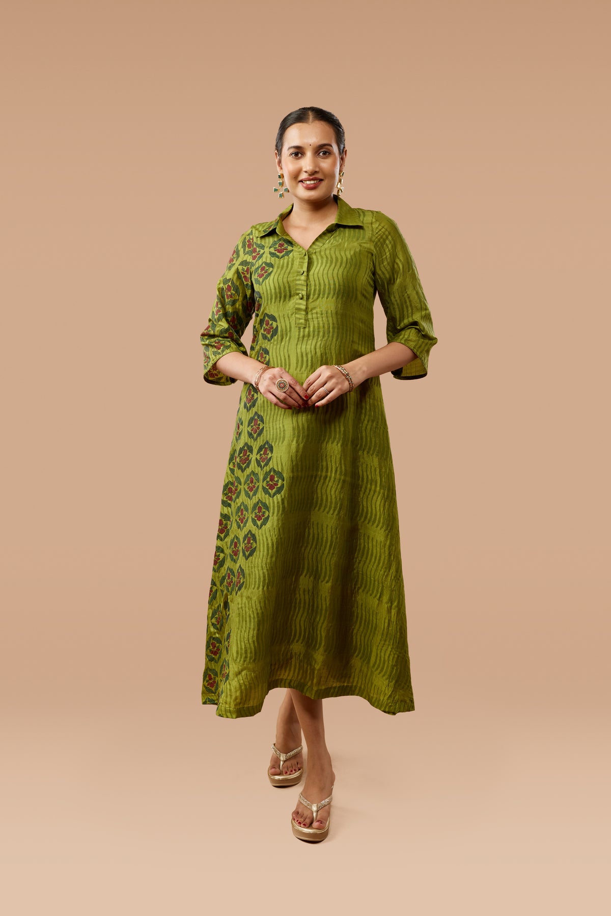 Olive Green A-Line Flared Shirt Silk Dress