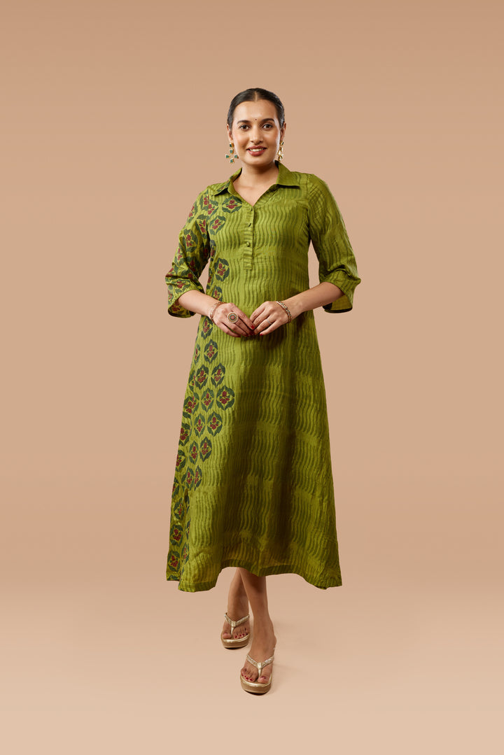 Olive Green A-Line Flared Shirt Silk Dress