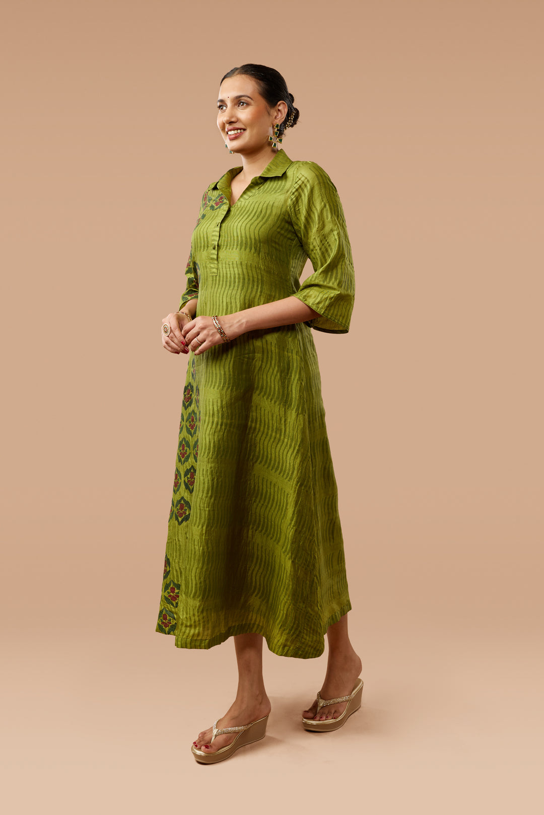 Olive Green A-Line Flared Shirt Silk Dress