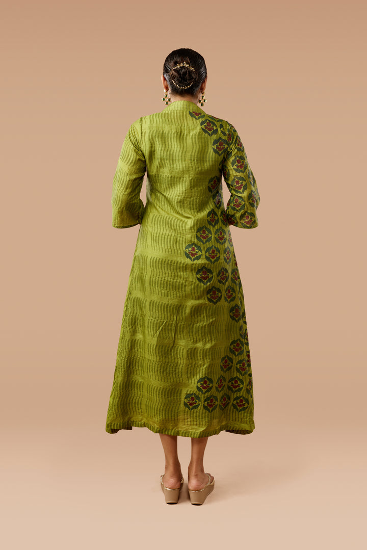 Olive Green A-Line Flared Shirt Silk Dress