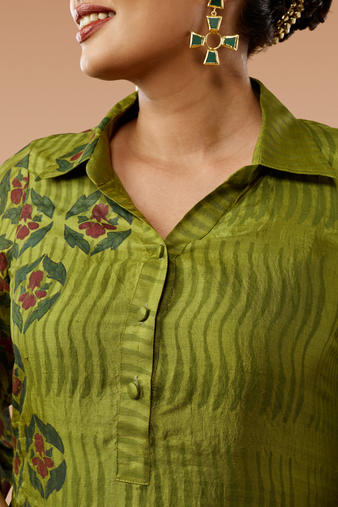 Olive Green A-Line Flared Shirt Silk Dress