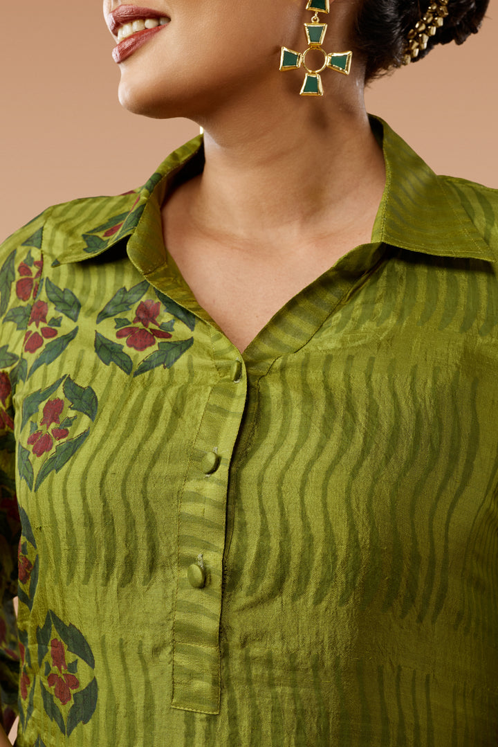 Olive Green A-Line Flared Shirt Silk Dress