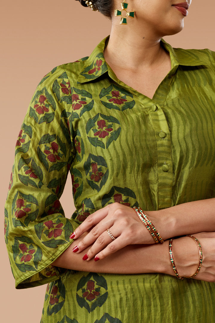 Olive Green A-Line Flared Shirt Silk Dress
