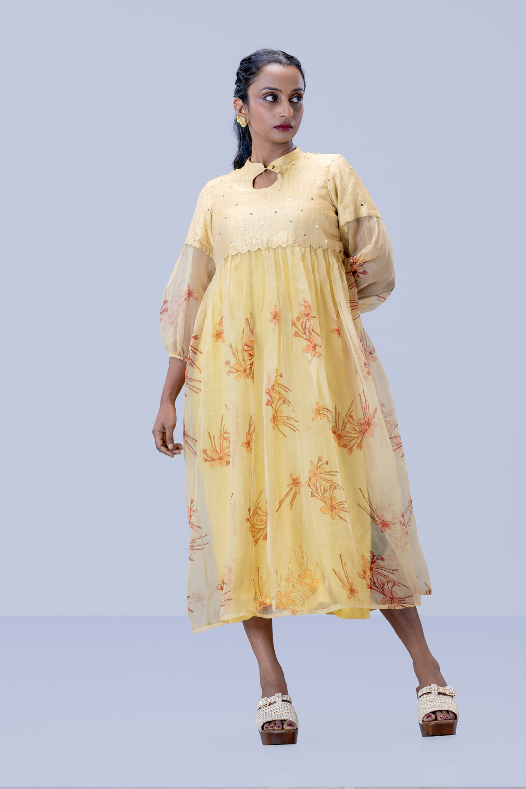 Beige Krishna Kireedam Block Print Mulberry Silk Organza A-Line Puff Sleeve Midi Dress