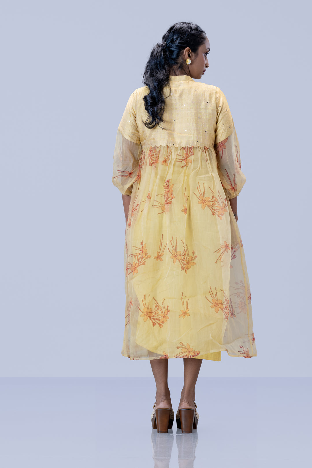 Beige Krishna Kireedam Block Print Mulberry Silk Organza A-Line Puff Sleeve Midi Dress