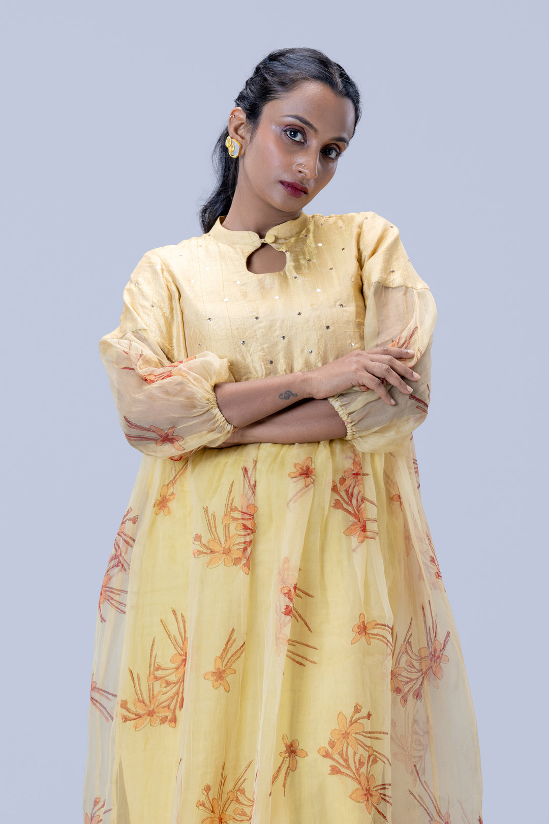 Beige Krishna Kireedam Block Print Mulberry Silk Organza A-Line Puff Sleeve Midi Dress