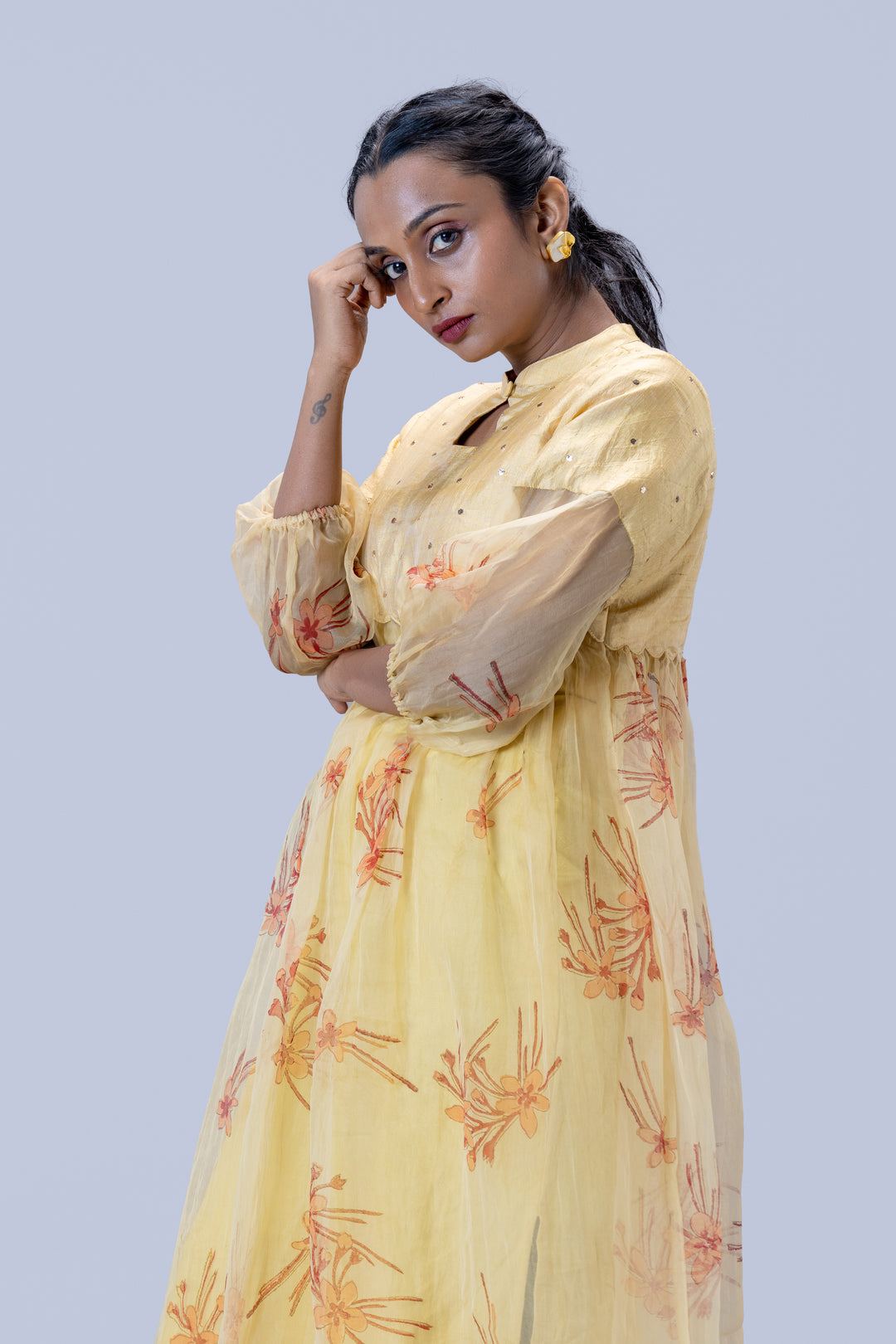 Beige Krishna Kireedam Block Print Mulberry Silk Organza A-Line Puff Sleeve Midi Dress