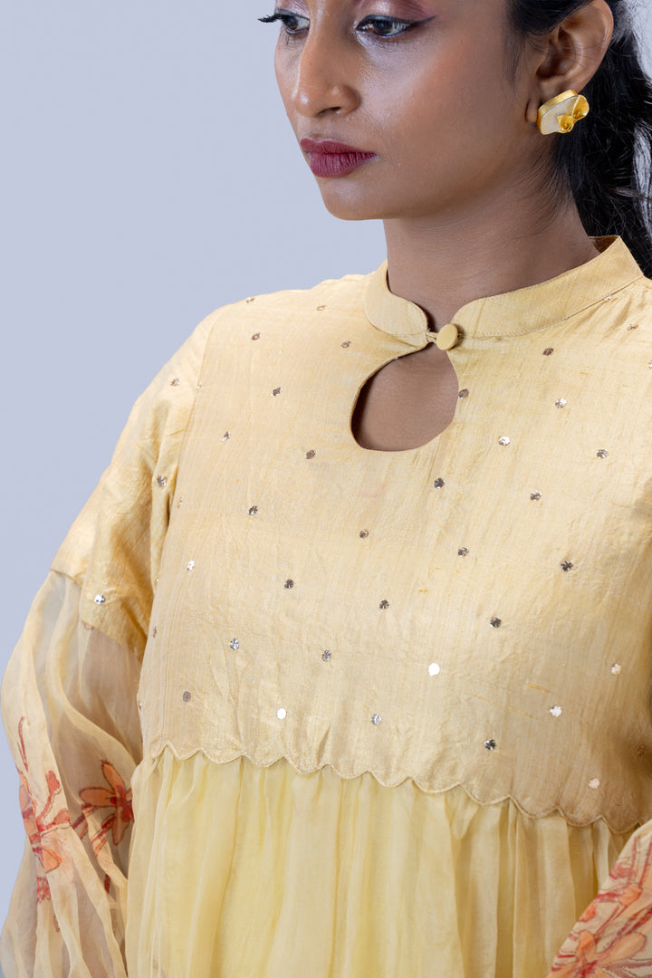Beige Krishna Kireedam Block Print Mulberry Silk Organza A-Line Puff Sleeve Midi Dress