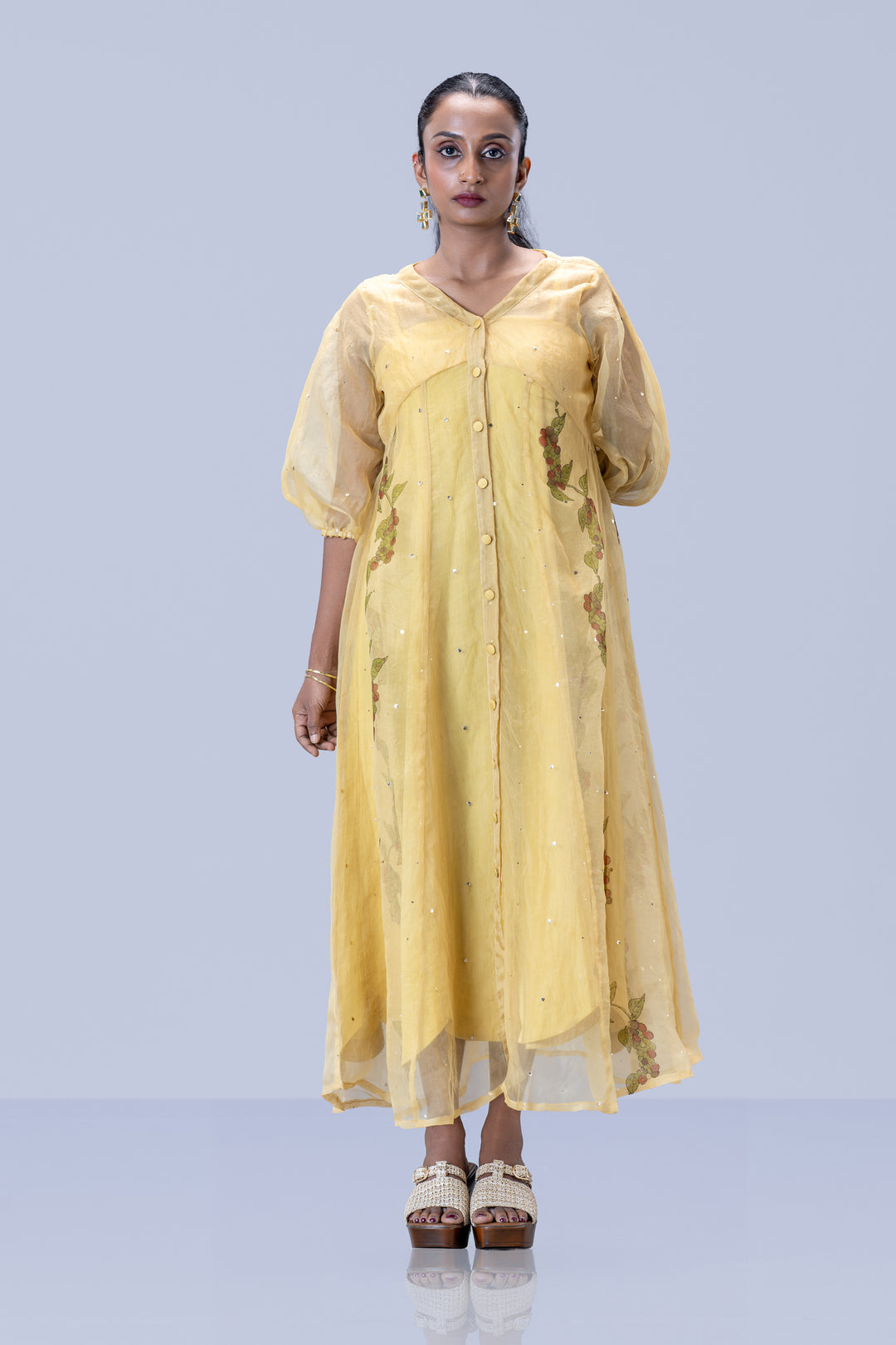 Beige Kurumulak Block Print Mulberry Silk Organza Midi Length Shirt Dress