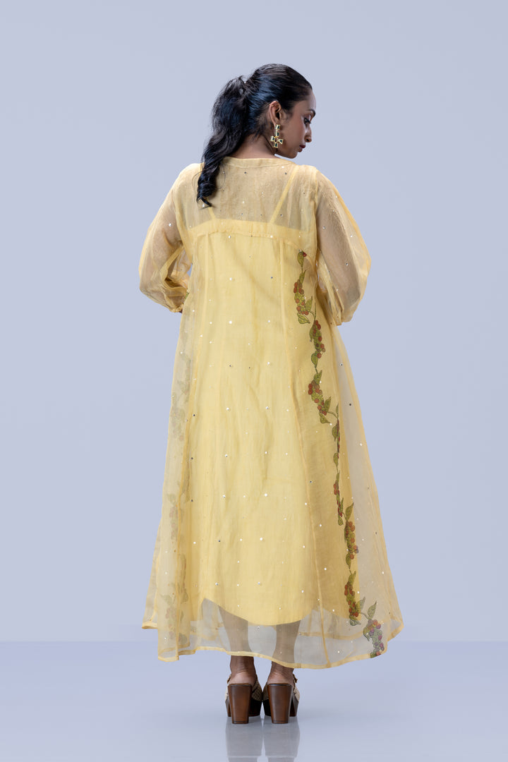 Beige Kurumulak Block Print Mulberry Silk Organza Midi Length Shirt Dress