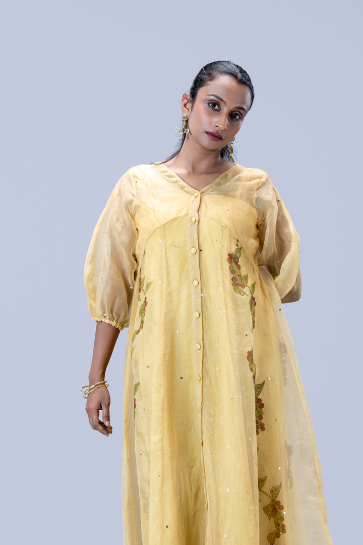 Beige Kurumulak Block Print Mulberry Silk Organza Midi Length Shirt Dress