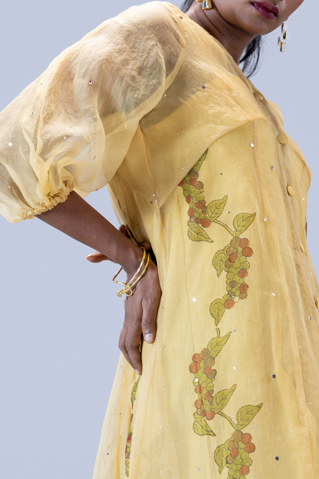 Beige Kurumulak Block Print Mulberry Silk Organza Midi Length Shirt Dress