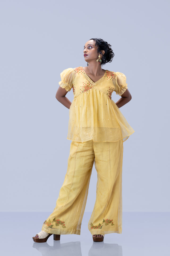 Beige Kurumulak Block Print Mulberry Silk Organza Peplum Top and Palazzo Pant Set