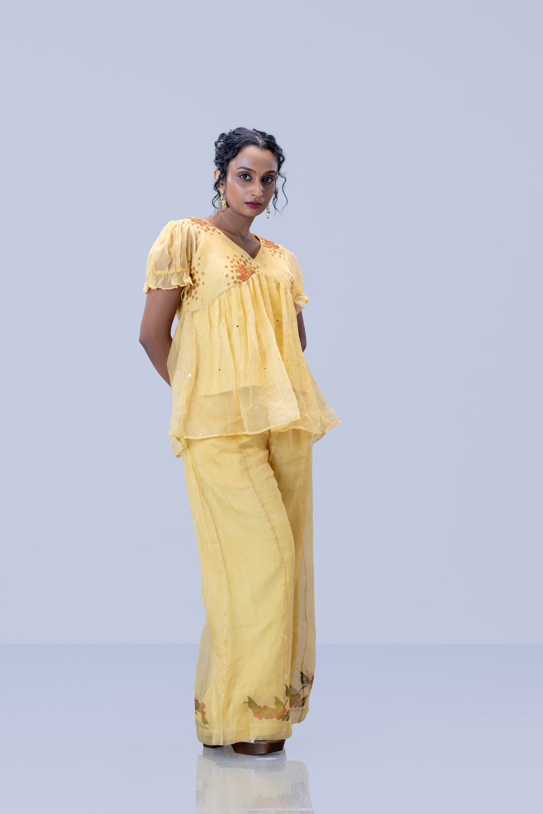 Beige Kurumulak Block Print Mulberry Silk Organza Peplum Top and Palazzo Pant Set