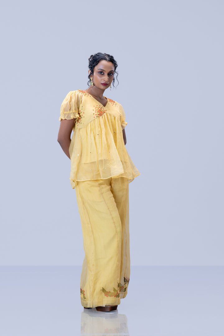 Beige Kurumulak Block Print Mulberry Silk Organza Peplum Top and Palazzo Pant Set