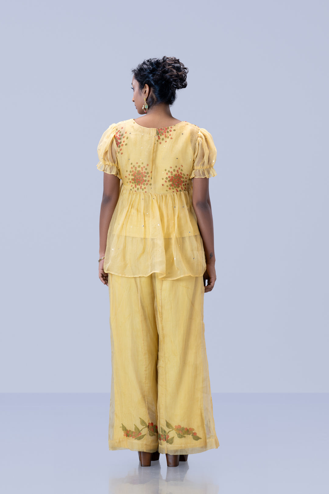 Beige Kurumulak Block Print Mulberry Silk Organza Peplum Top and Palazzo Pant Set