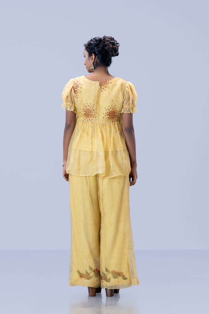 Beige Kurumulak Block Print Mulberry Silk Organza Peplum Top and Palazzo Pant Set