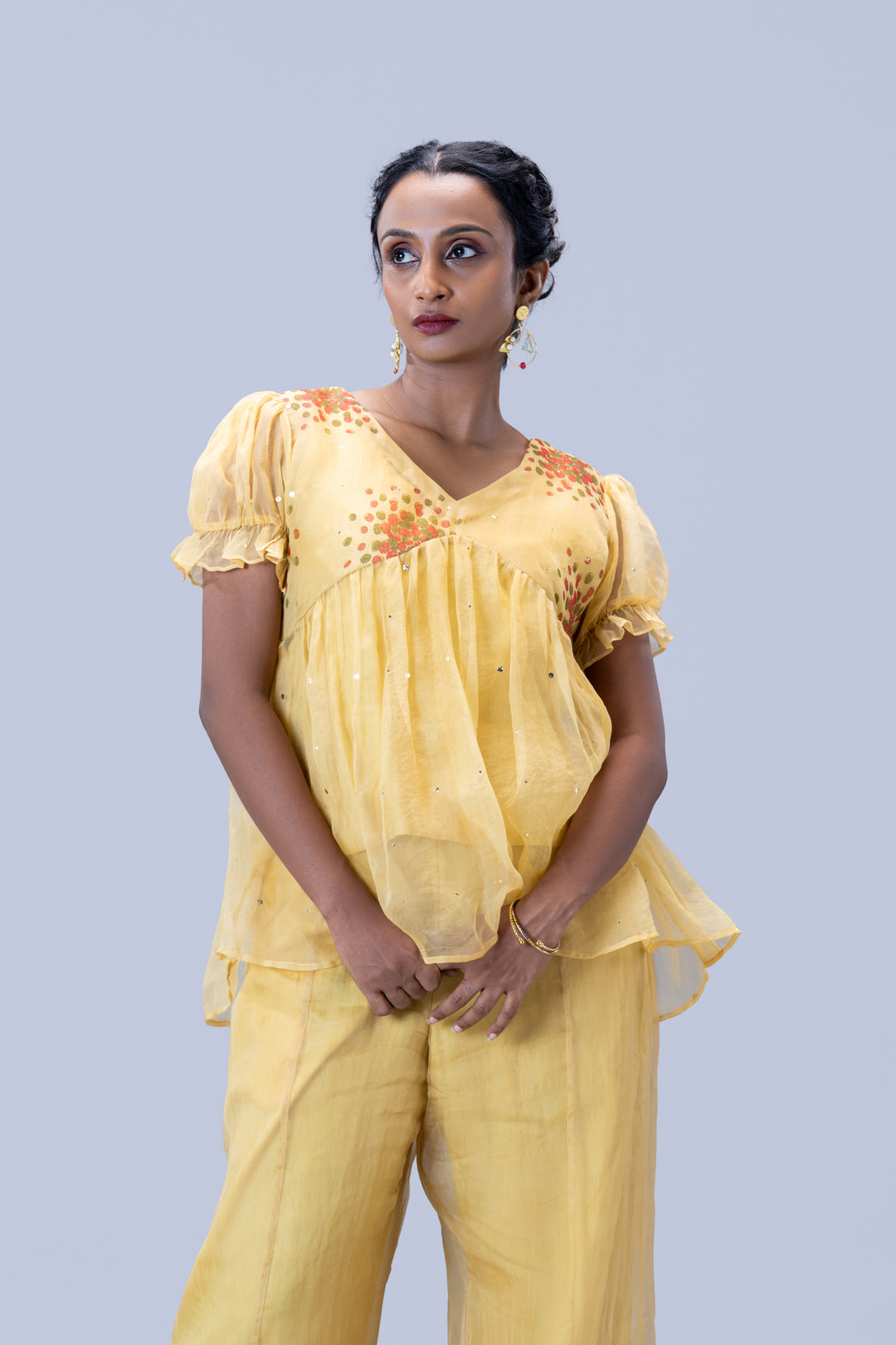 Beige Kurumulak Block Print Mulberry Silk Organza Peplum Top and Palazzo Pant Set