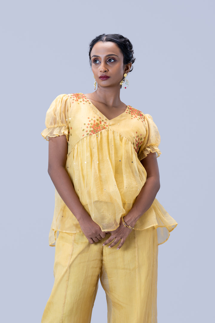 Beige Kurumulak Block Print Mulberry Silk Organza Peplum Top and Palazzo Pant Set