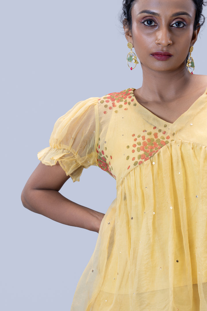 Beige Kurumulak Block Print Mulberry Silk Organza Peplum Top and Palazzo Pant Set