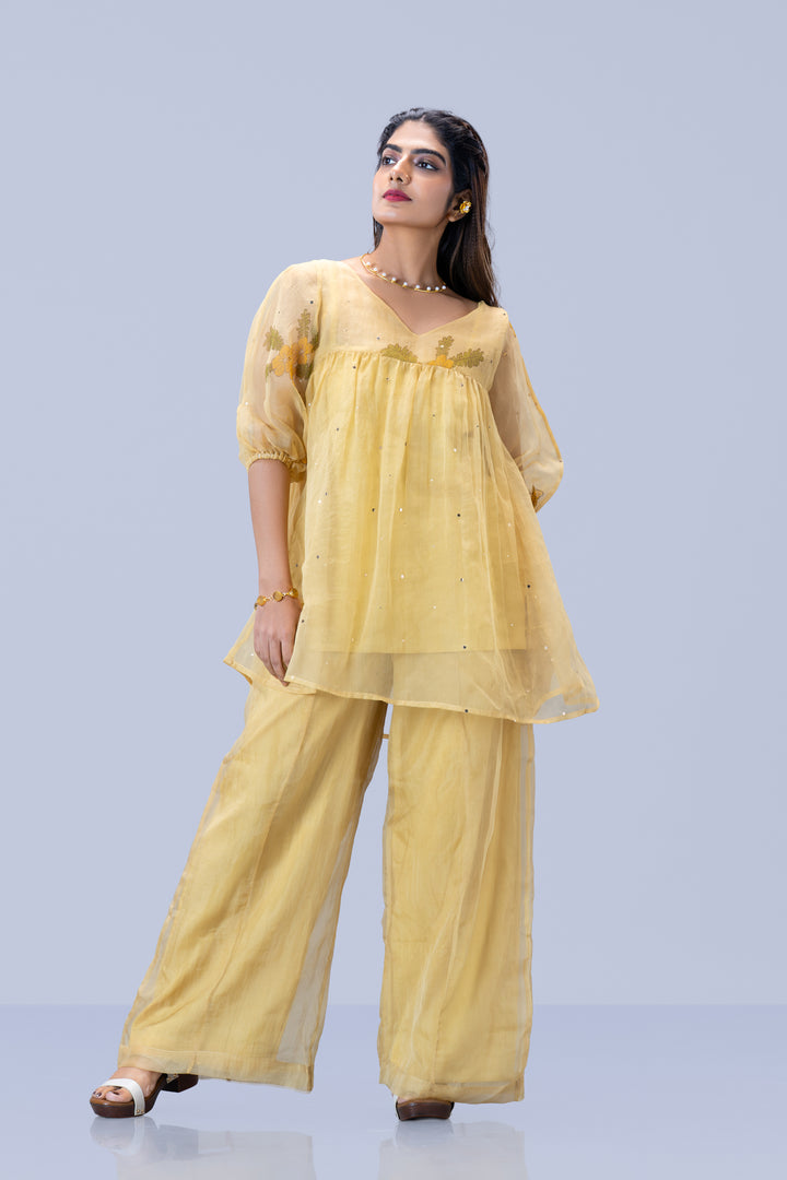 Beige Mukkutti Block Print Mulberry Silk Organza Peplum Top and Palazzo Pant Set