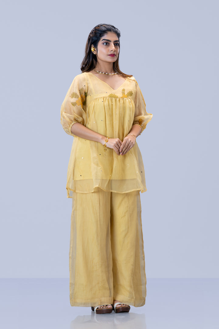 Beige Mukkutti Block Print Mulberry Silk Organza Peplum Top and Palazzo Pant Set