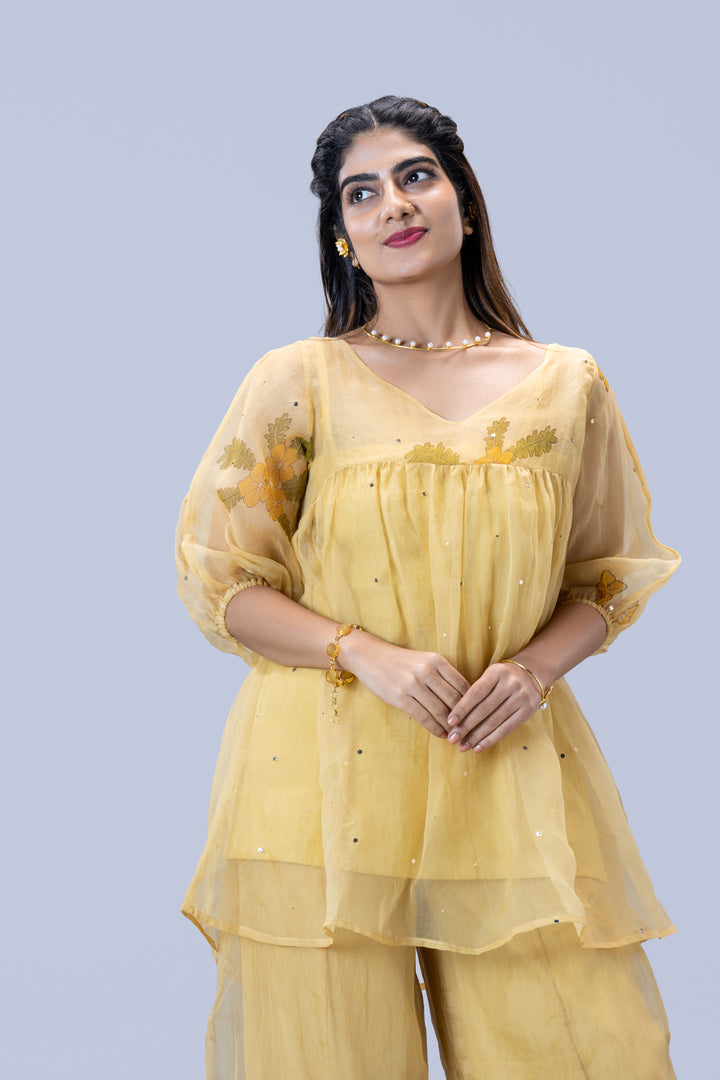 Beige Mukkutti Block Print Mulberry Silk Organza Peplum Top and Palazzo Pant Set