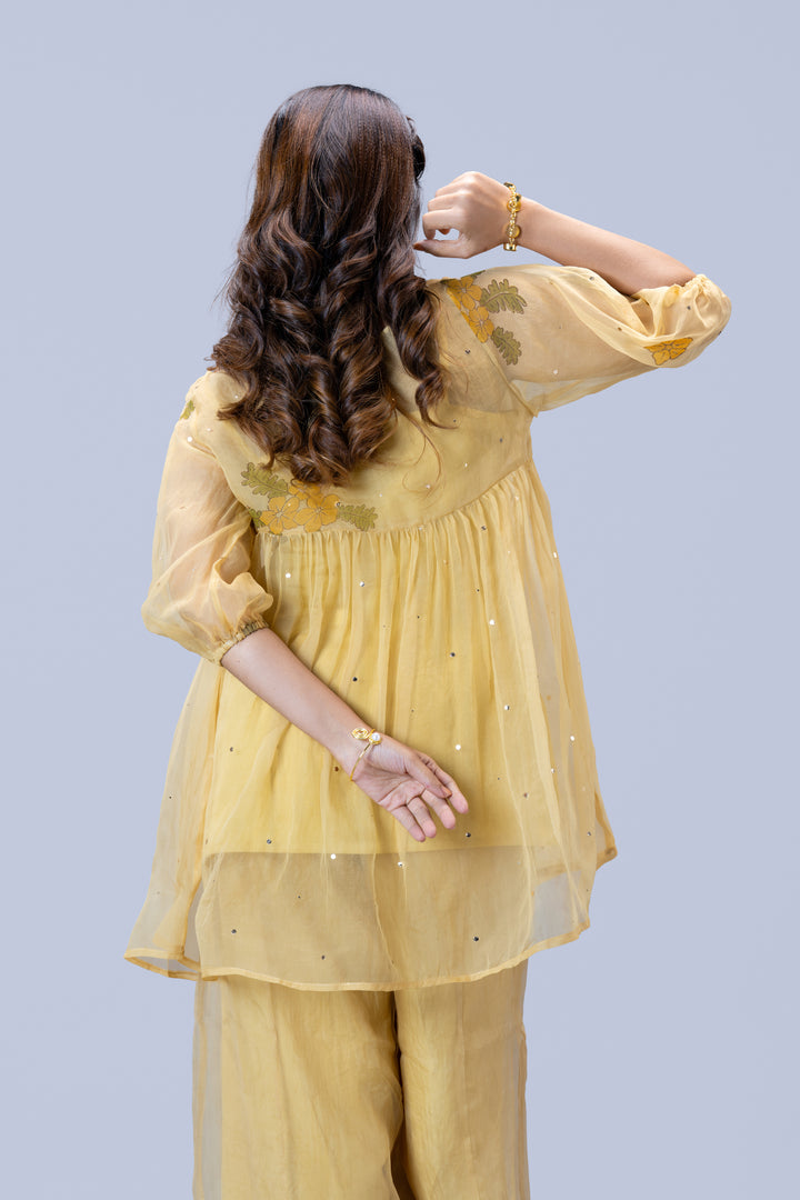 Beige Mukkutti Block Print Mulberry Silk Organza Peplum Top and Palazzo Pant Set