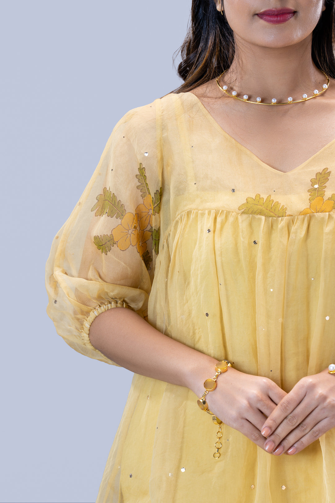 Beige Mukkutti Block Print Mulberry Silk Organza Peplum Top and Palazzo Pant Set