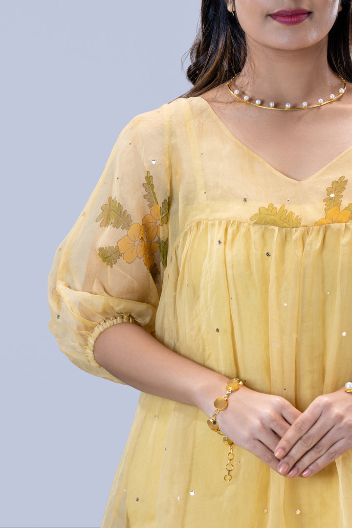 Beige Mukkutti Block Print Mulberry Silk Organza Peplum Top and Palazzo Pant Set