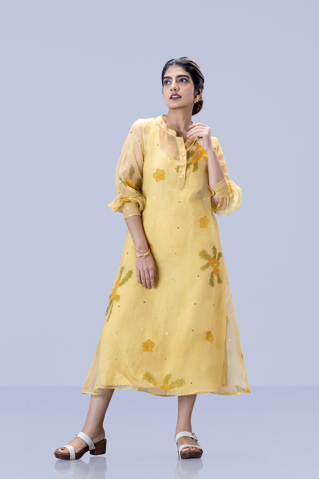 Beige Mukkutti Block Print Mulberry Silk Organza A-Line Full Sleeve Midi Dress